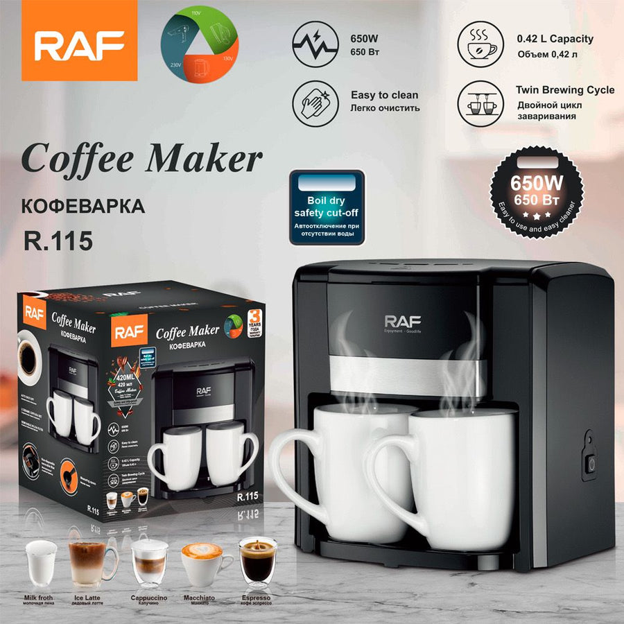 Aparat de cafea RAF 1000W cu 2 cani ceramice si lingura de masurare incluse, 420ml