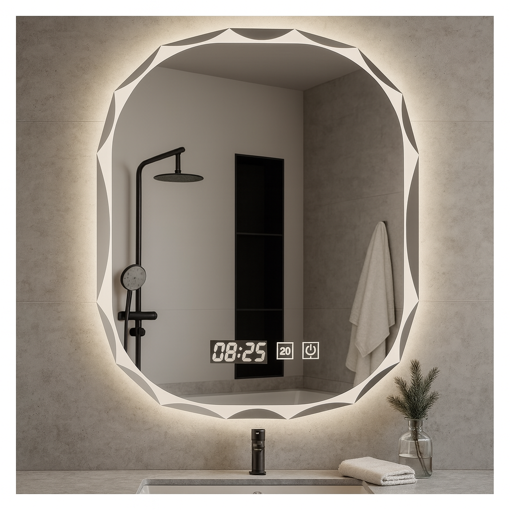 Oglinda Baie LED Ovală cu Senzor Touch, Dezaburire si Ceas – Design Modern 80 x 60 cm
