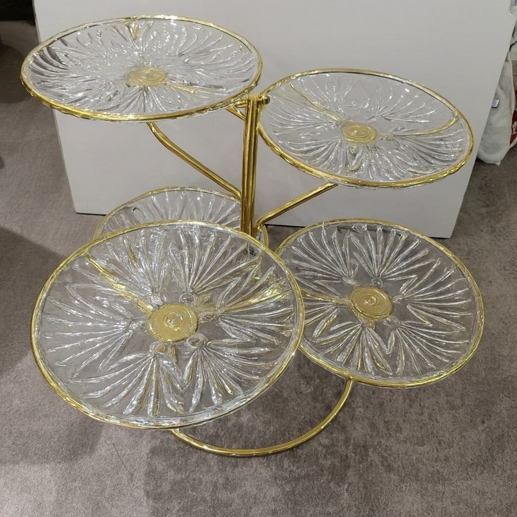 Etajera Eleganta din Sticla cu 5 Tavi pe Suport Auriu – Perfecta pentru Candy Bar, Petreceri sau Evenimente