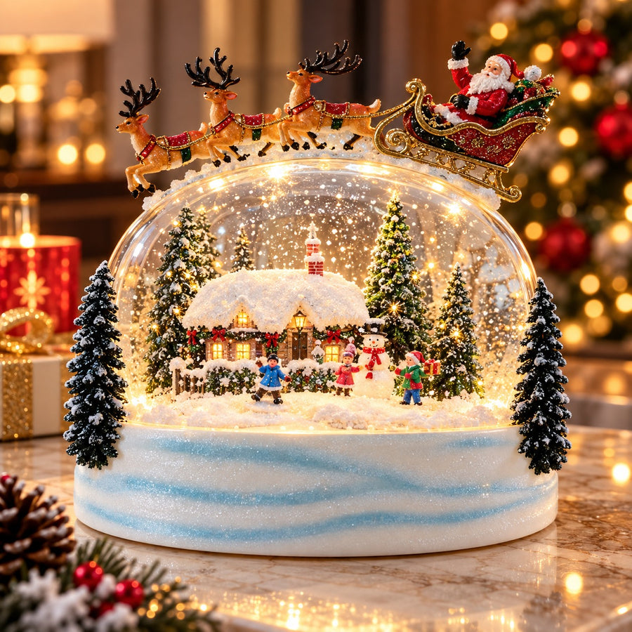 Glob Decorativ de Crăciun Premium cu Moș Crăciun în Sanie, Efect de Ninsoare, Lumină LED și 8 Melodii – 16 × 9,2 × 20 cm - detaliu produs