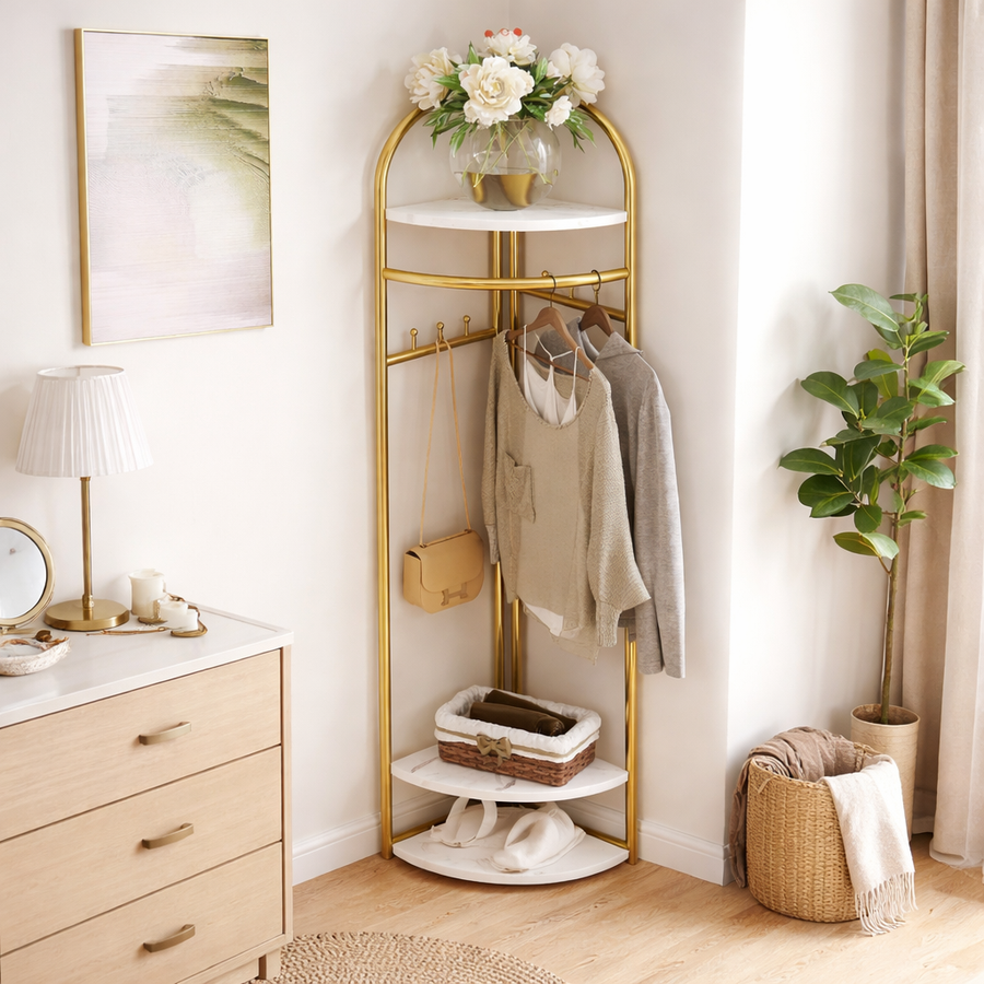 Cuier de colt, Metalic Auriu, cu Blaturi din MDF, 3 Rafturi, 6 Carlige, Inaltime 170 cm