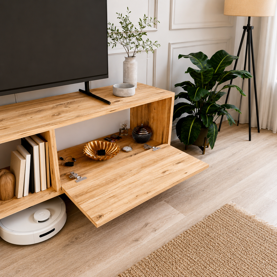 Comoda TV moderna cu rafturi, PAL E1 18 mm, 140 x 29,5 x 45 cm - detaliu produs