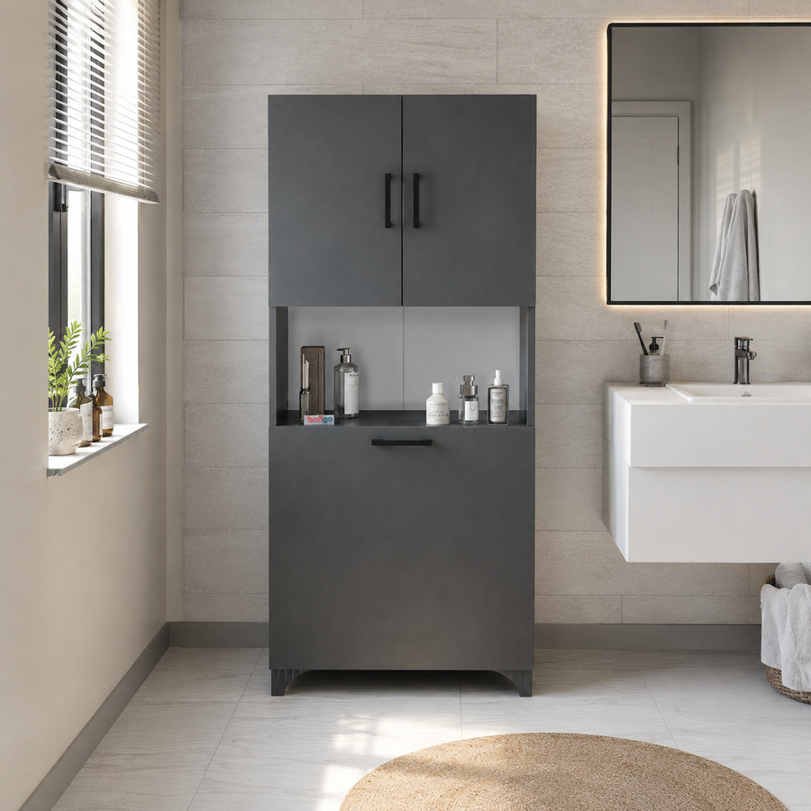 RESIGILAT - Dulap multifunctional pentru baie sau bucatarie, cu spatiu pentru cos de rufe, 60 x 33,8 x 153,6 cm