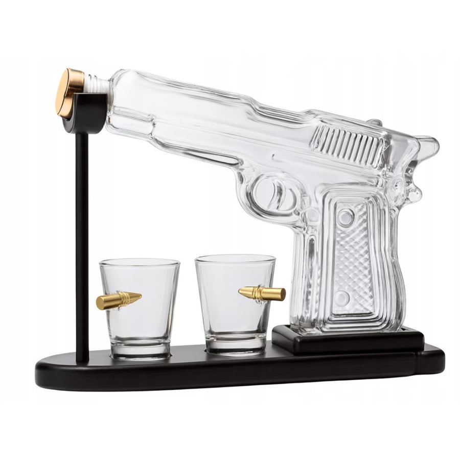 Set Decantor Bauturi  Forma Pistol si Gloante 220ml/50ml Sticla Lemn - detaliu produs
