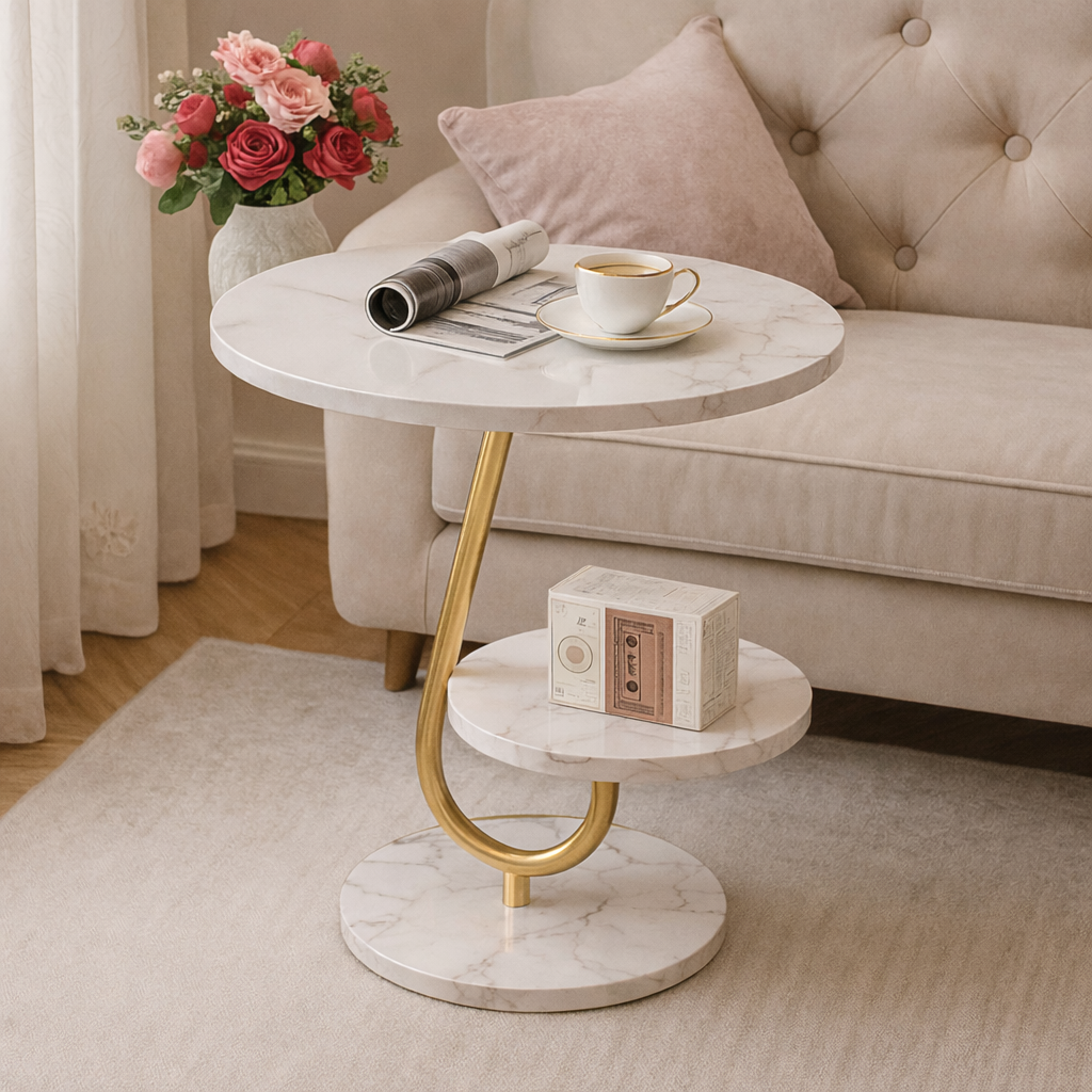 RESIGILAT - Masuta moderna cu blat tip marmura si raft inferior, cadru metalic auriu, design elegant 45 x 60 cm