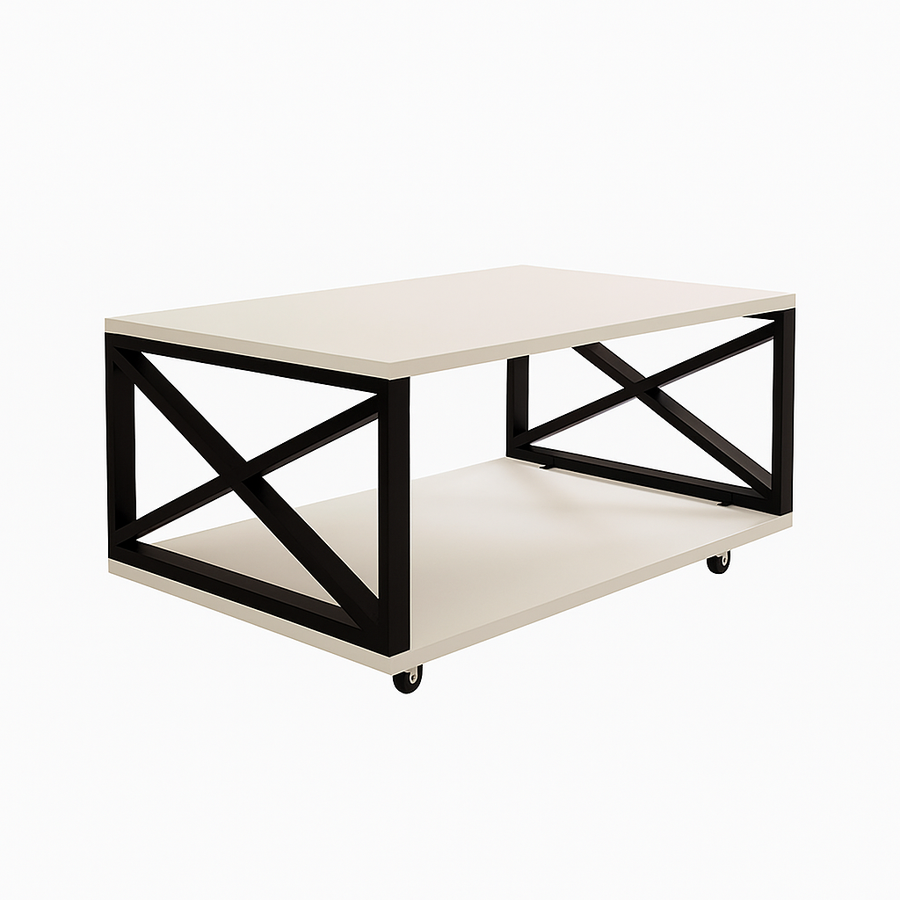 Masuta de cafea moderna, cu blat melaminat alb si cadru metalic, cu roti si spatiu de depozitare,  98 x 60 x 33.6 cm