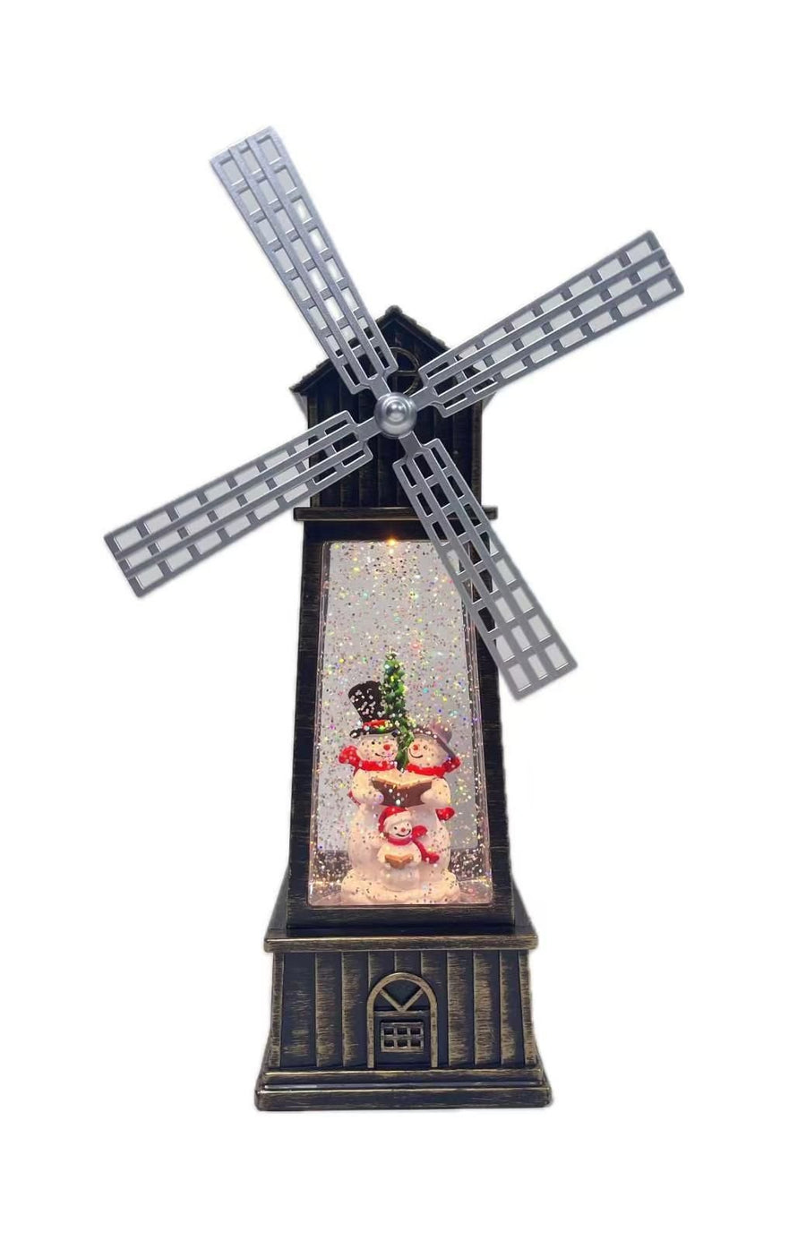 Decoratiune Craciun, Figurina Moara de Vant cu Mos Craciun, functie muzicala, zapada in miscare, cu baterii, Negru/Auriu, 3 Modele