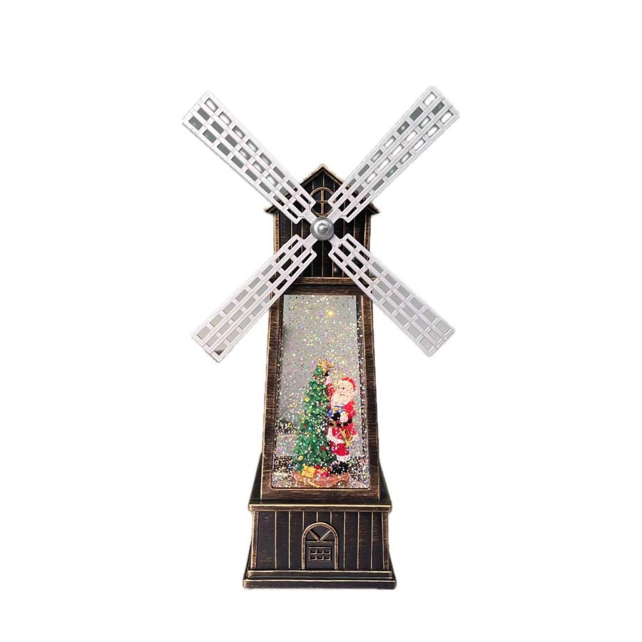 Decoratiune Craciun, Figurina Moara de Vant cu Mos Craciun, functie muzicala, zapada in miscare, cu baterii, Negru/Auriu, 3 Modele