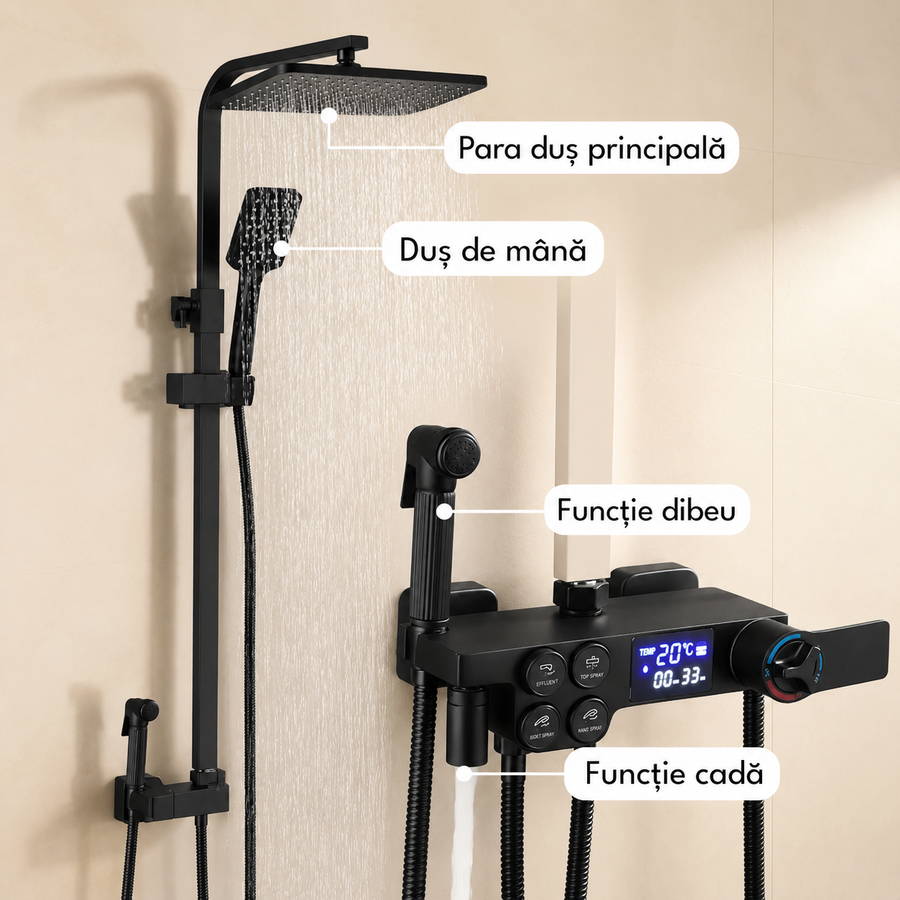 Coloana dus cu afisaj LCD, para de dus ajustabila, termometru, turbina generatoare de curent, baterie termostat, corp baterie din alama, 4 functii, negru mat