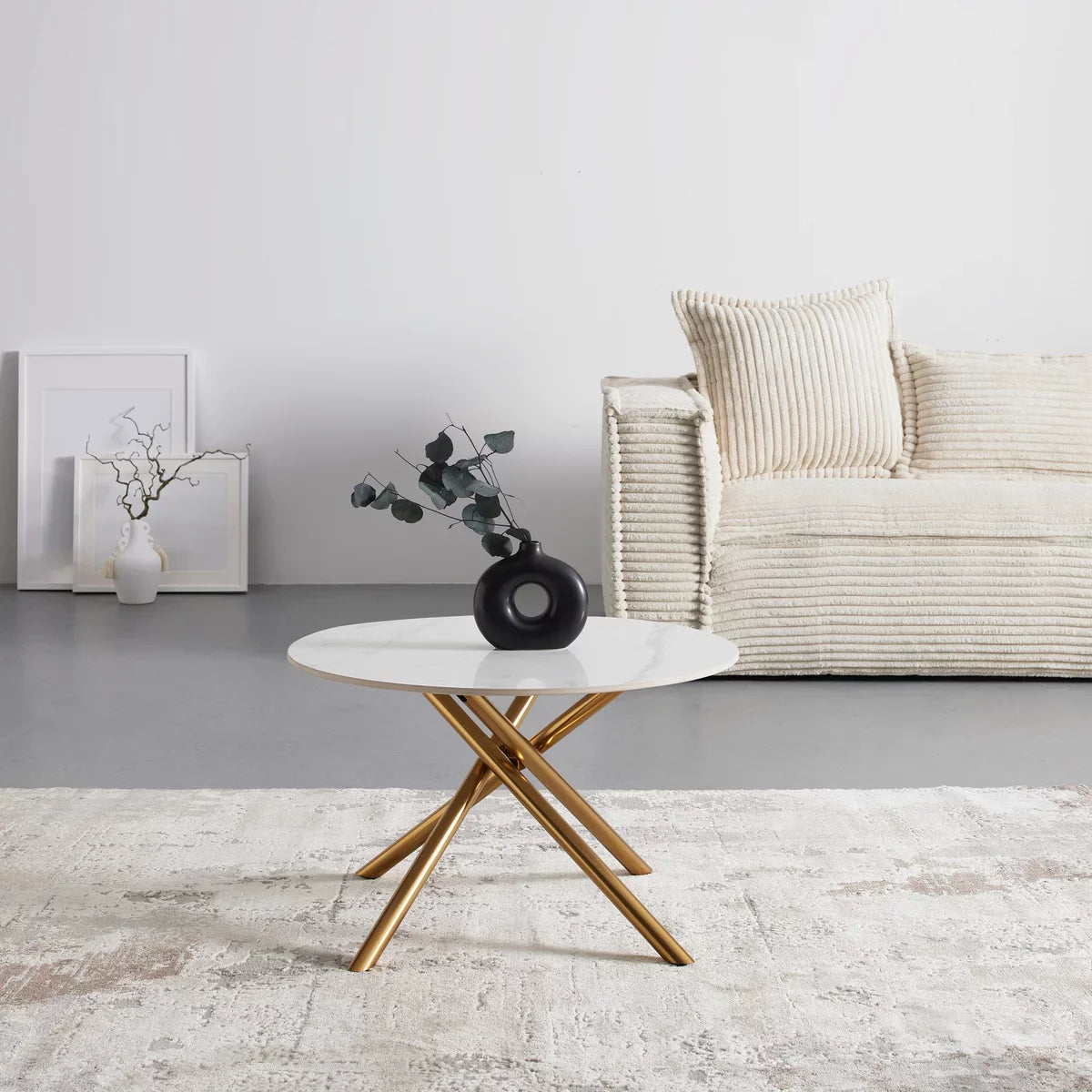 Masa de Cafea Rotunda 70x70x44 cm cu Blat Alb si Picioare Auriu – Design Modern Premium