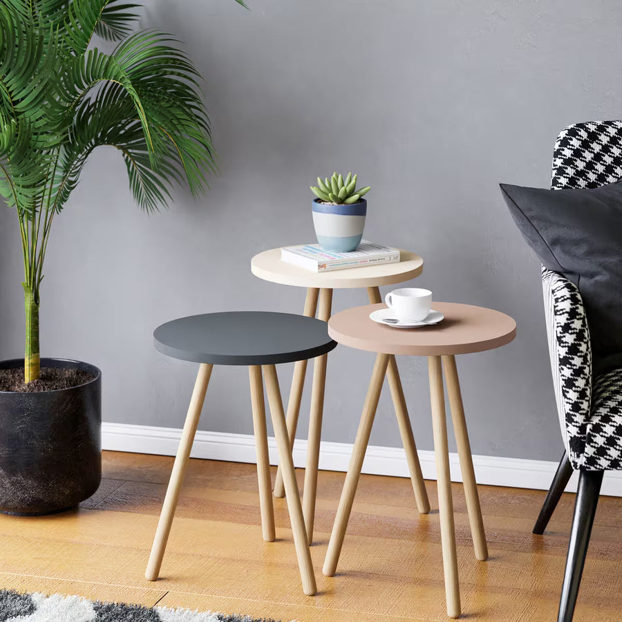 Set 3 masute decorative rotunde, cu picioare din lemn, stil scandinav, 3 inaltimi 41 / 45 / 49 cm