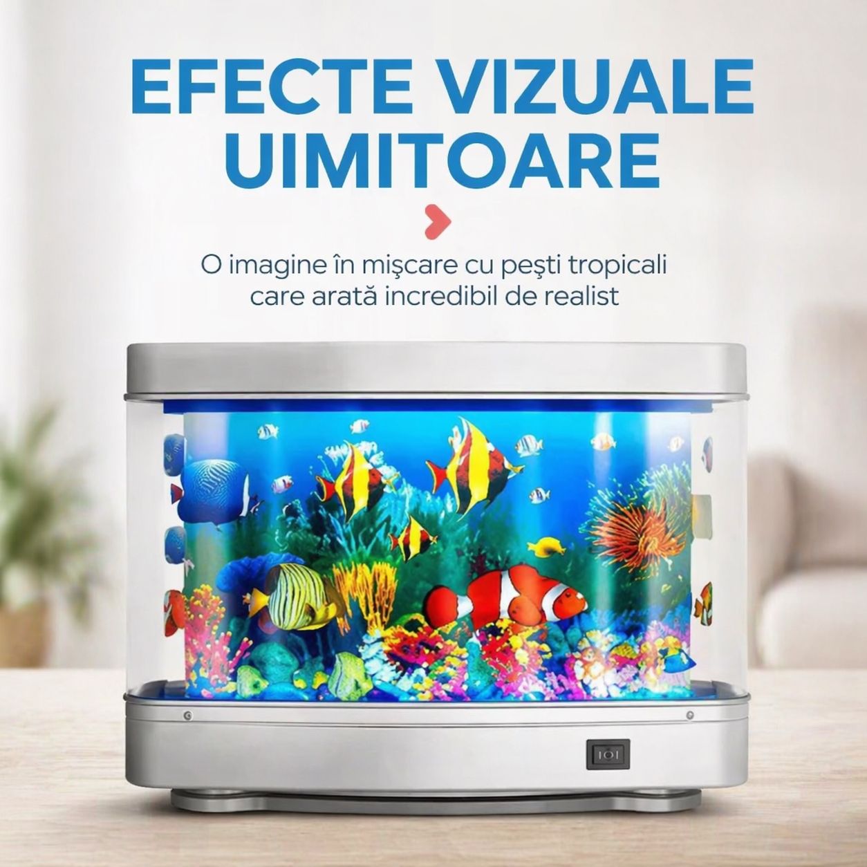 Lampa decorativa tip acvariu LED – efect realist cu pesti in miscare, 30x23x7 cm