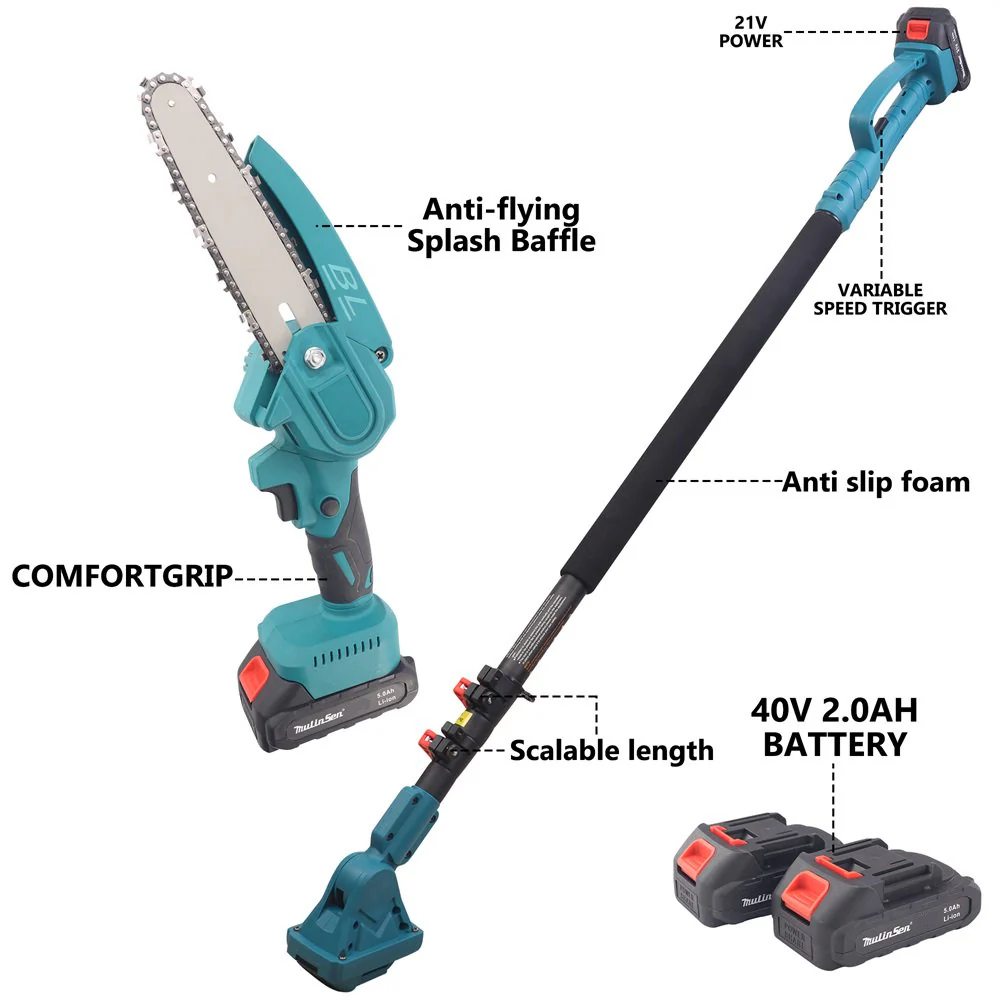 RESIGILAT - Set foarfeca gradina si mini drujba, 2 acumulatori 48V, cu brat 2.13m telescopic, unghi de taiere reglabil