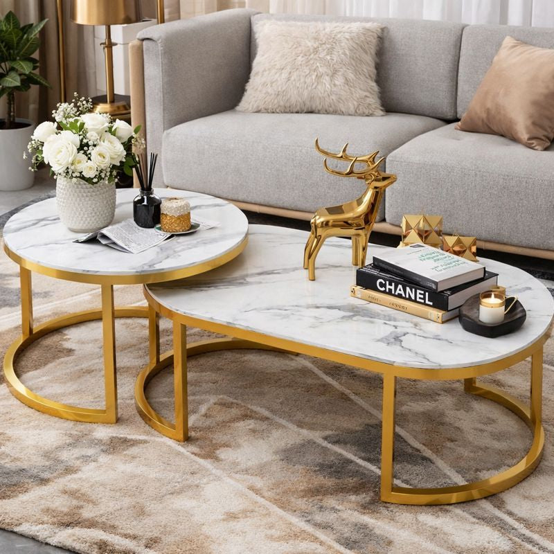 RESIGILAT - Set 2 Mese Cafea, Design Modern Minimalist, Blat Alb Efect Marmura, Cadru Metalic Auriu