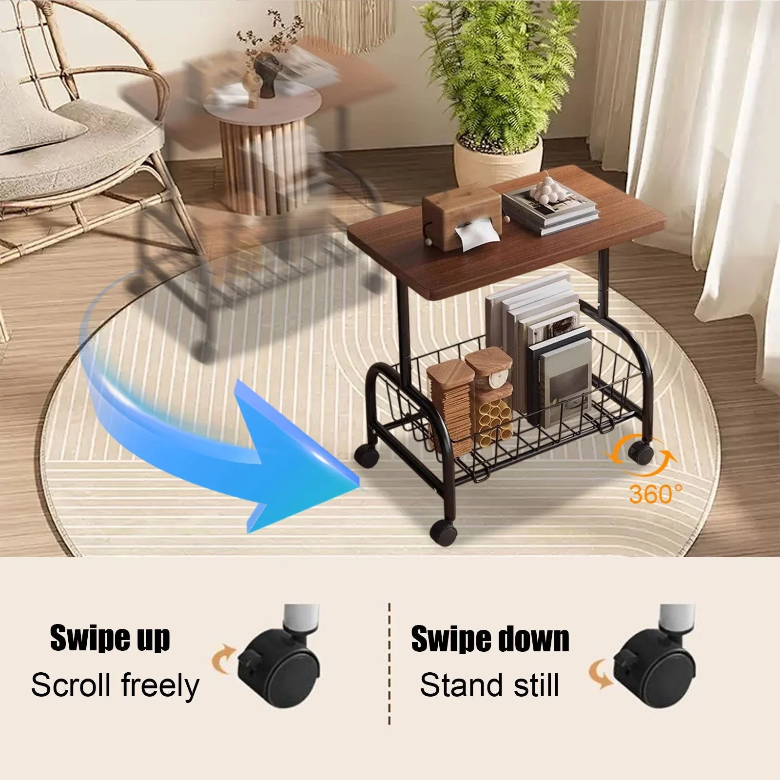 Masuta laterala tip coffee table, carucior mobil cu blat si rafturi metalic , 50x40x30 cm