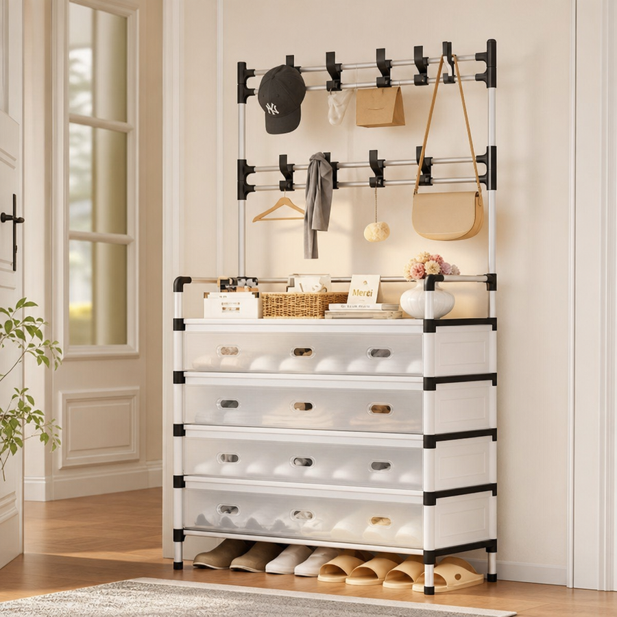 Cuier Multifuncțional cu Raft pentru Pantofi pe 5 Niveluri și 8 Cârlige Duble – Suport Haine și Încălțăminte pentru Hol, 80 x 30 x 172 cm - detaliu produs