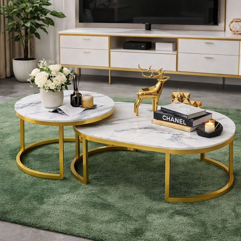 RESIGILAT - Set 2 Mese Cafea, Design Modern Minimalist, Blat Alb Efect Marmura, Cadru Metalic Auriu