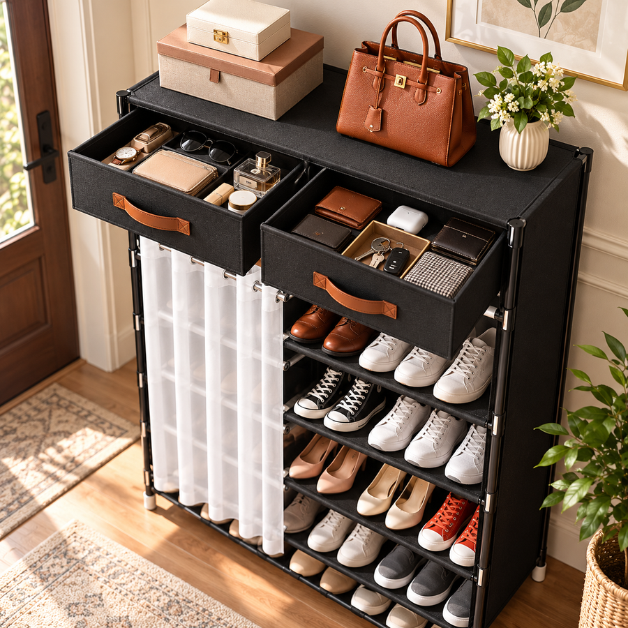 Pantofar Textil Premium cu 2 Sertare și 8 Rafturi, 95 × 30 × 123 cm, Structură Metalică, Rafturi Ajustabile și Perdea Antipraf, Negru - detaliu produs