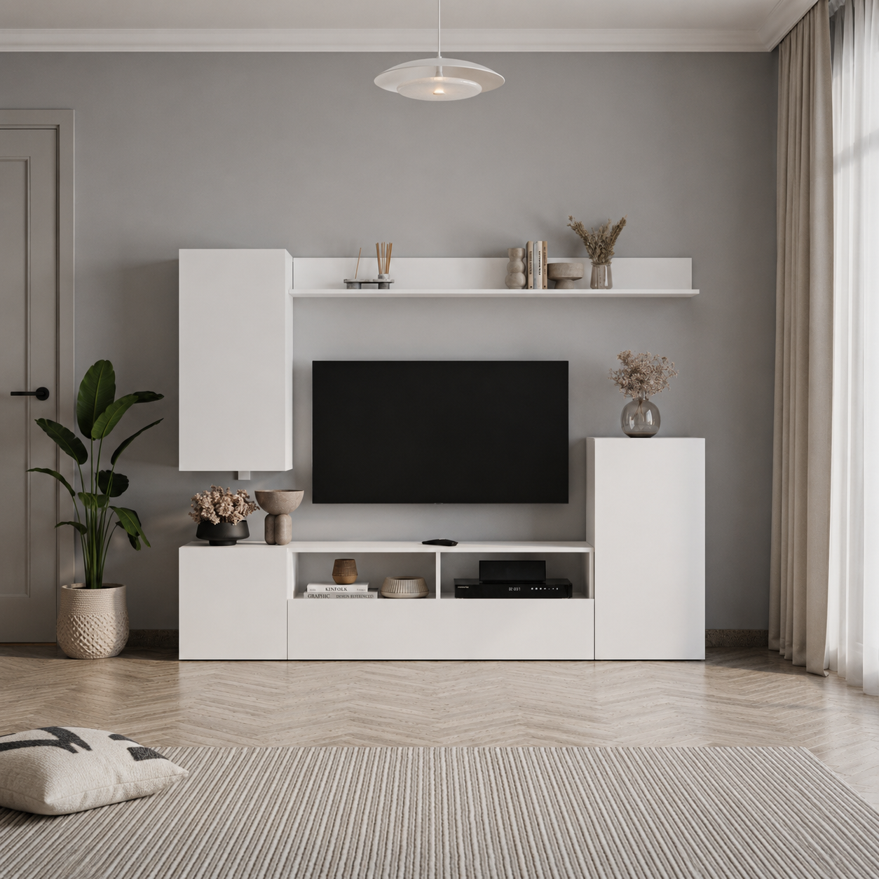 Comoda TV 210x38x90,4 cm, cu dulap suspendat, pentru living
