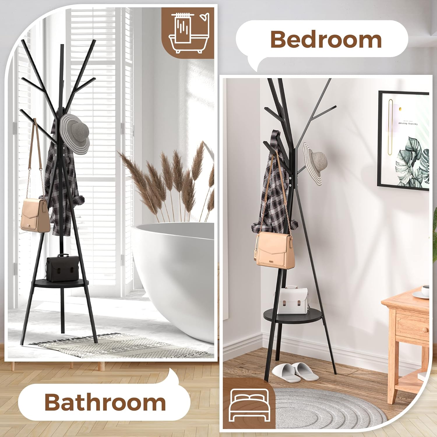 RESIGILAT - Cuier haine cu suport din lemn pentru accesorii, 9 carlige, otel carbon, 180 x 45 cm, negru