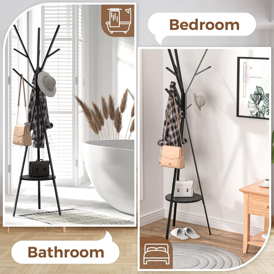 RESIGILAT - Cuier haine cu suport din lemn pentru accesorii, 9 carlige, otel carbon, 180 x 45 cm, negru