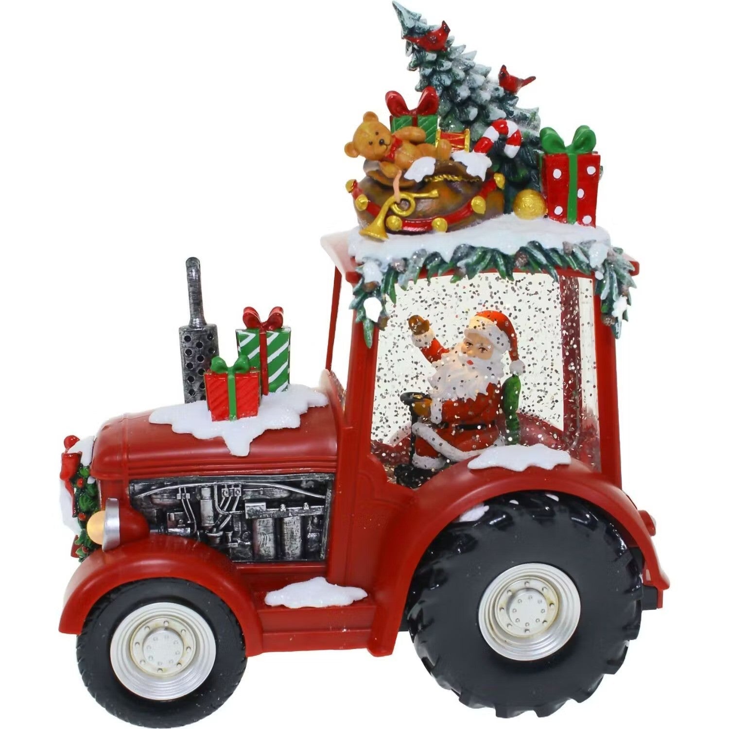 Decoratiune Craciun tip Tractor cu Mos Craciun, brad si cadouri, functie muzicala, zapada in miscare, 25 × 13 × 21 cm