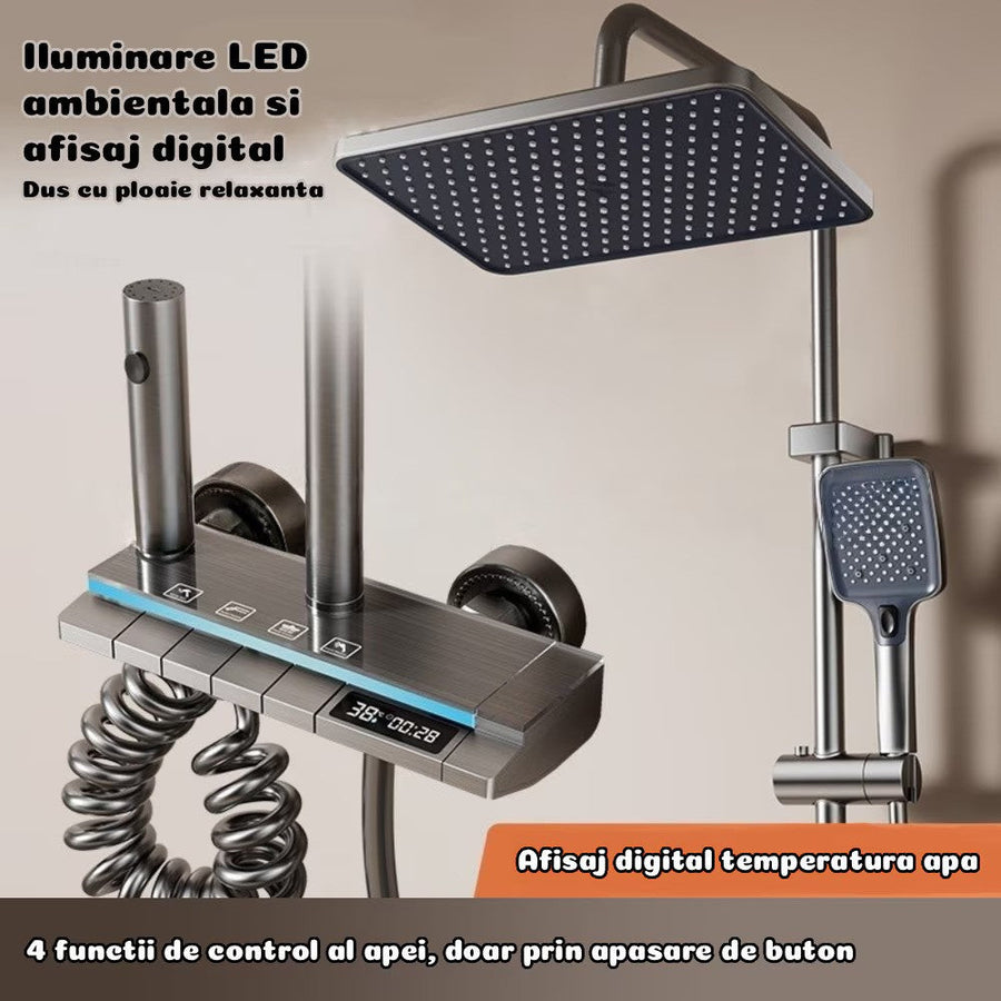 Set coloana dus digital cu termostat, afisaj LED, 4 functii curgere apa, control termostatic, robinet tip cascada, Gri Grafit