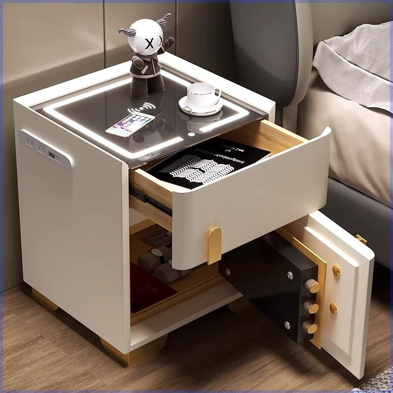 Noptiera cu statie de incarcare, seif ascuns si iluminare LED reglabila 3 culori pentru dormitor si living