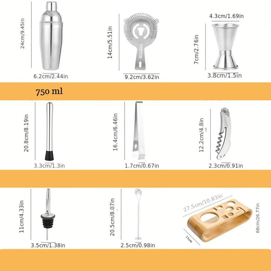 Set de Barman pentru Bauturi, suport din Bambus, Shaker Cobbler 550 ml, 10 Piese, Otel Inoxidabil, Argintiu