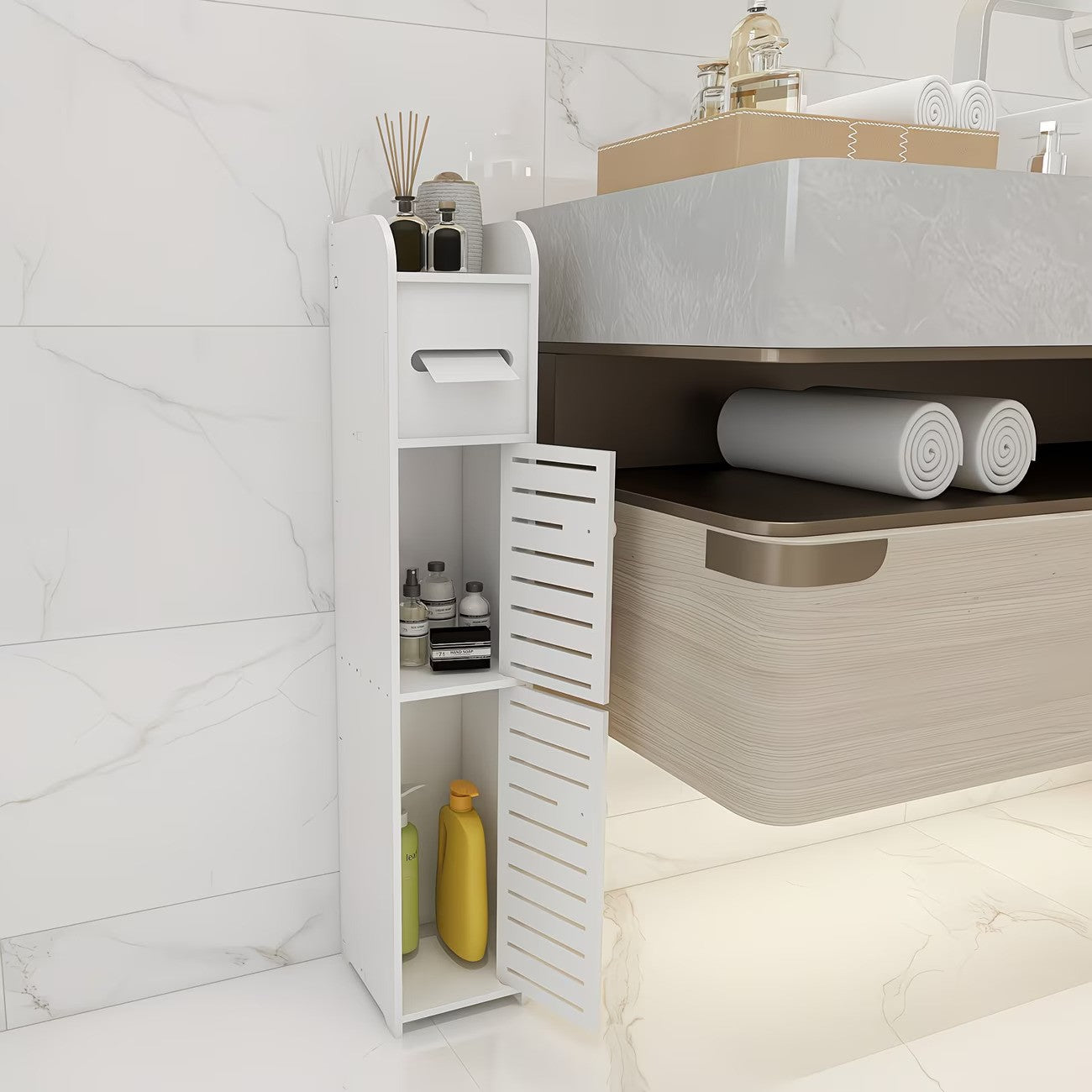 Dulap slim pentru baie cu suport hartie si 3 polite depozitare, alb, 80 cm x 17 cm x 15 cm