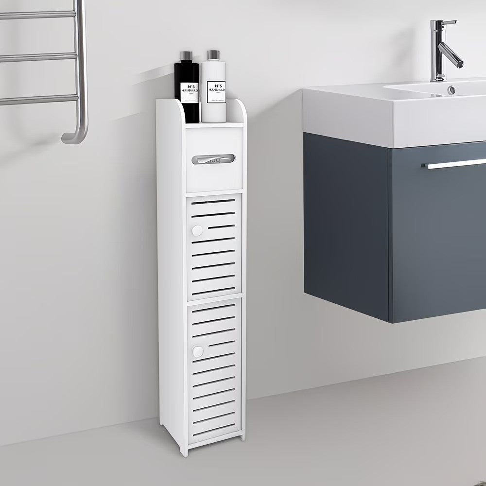 Dulap slim pentru baie cu suport hartie si 3 polite depozitare, alb, 80 cm x 17 cm x 15 cm