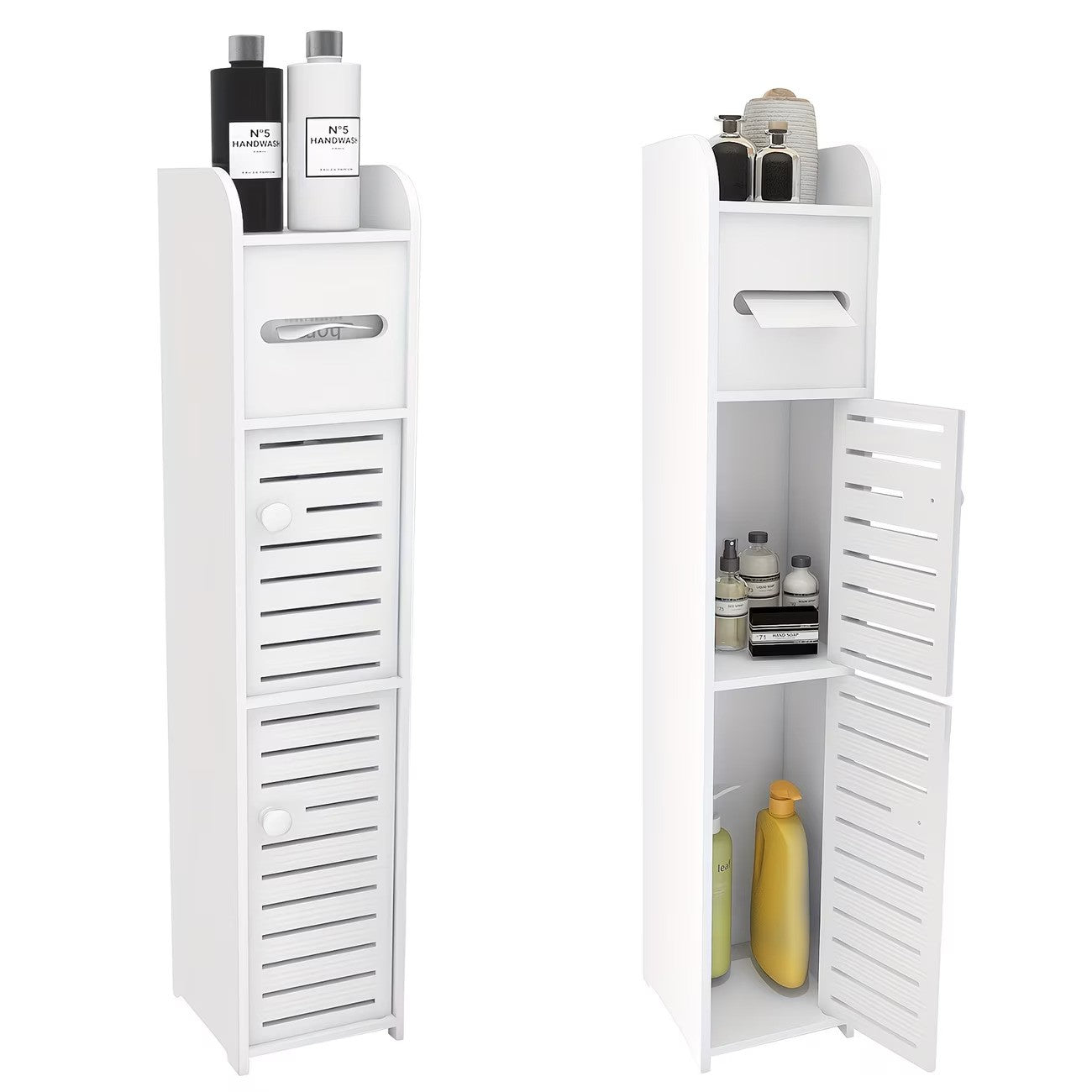 Dulap slim pentru baie cu suport hartie si 3 polite depozitare, alb, 80 cm x 17 cm x 15 cm