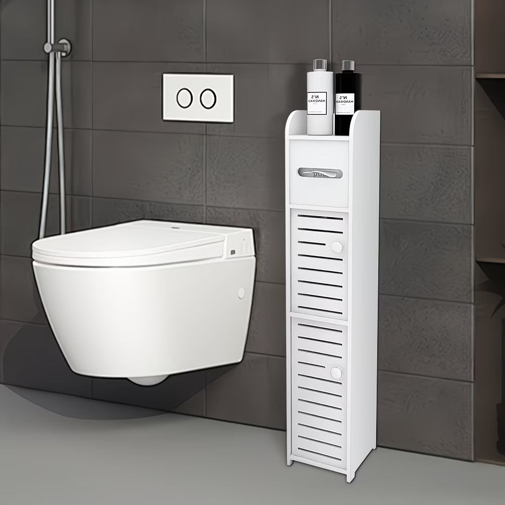 Dulap slim pentru baie cu suport hartie si 3 polite depozitare, alb, 80 cm x 17 cm x 15 cm