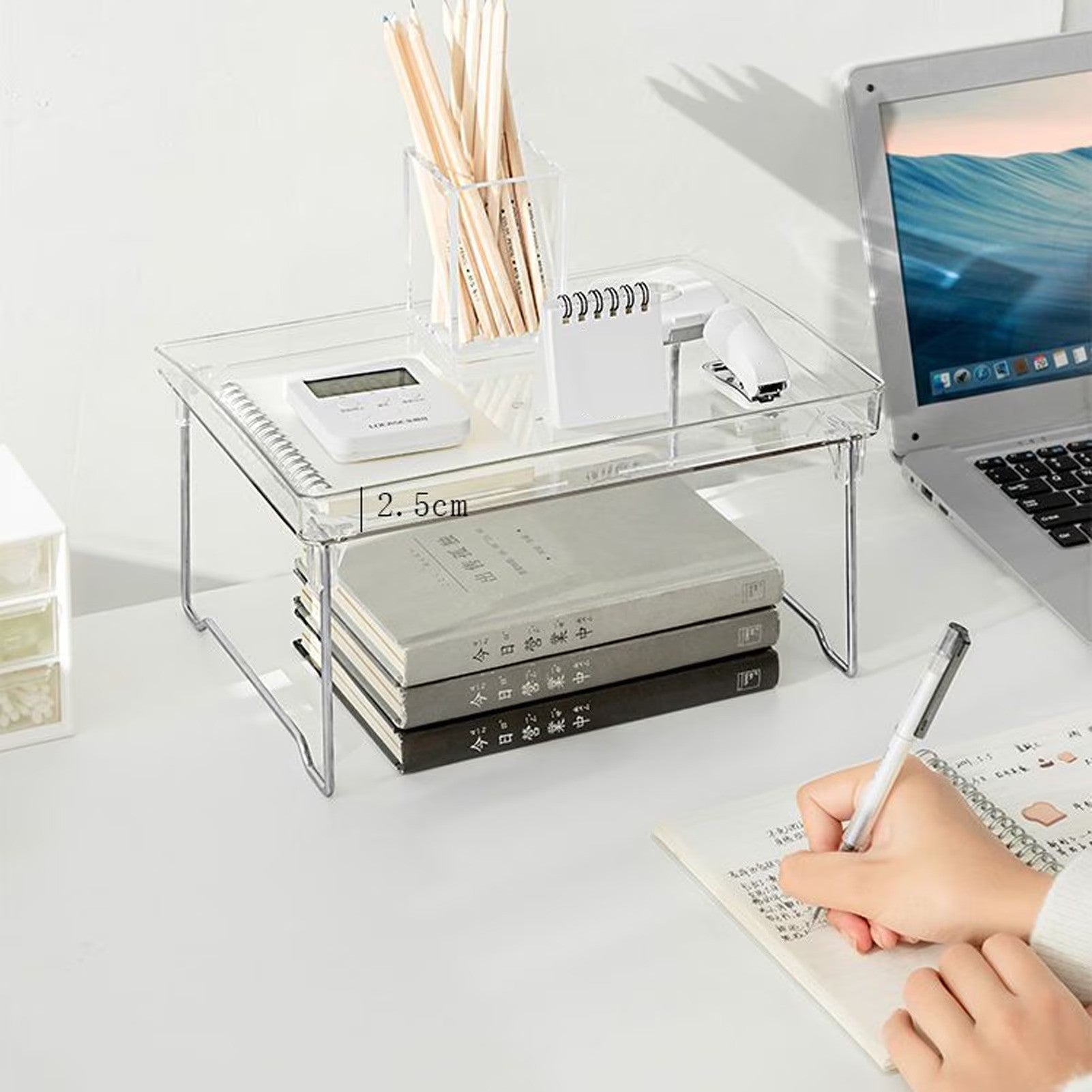 Organizator pliabil pentru bucatarie, sistem de stivuire, picioare inox, 29 x 21 x 16 cm, transparent