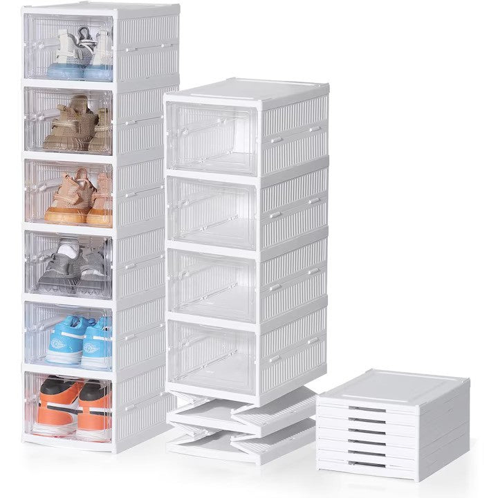 Cutii Organizatoare pentru incaltaminte, 6 compartimente, pliabile, design transparent, 34.5x25.5x105cm, alb