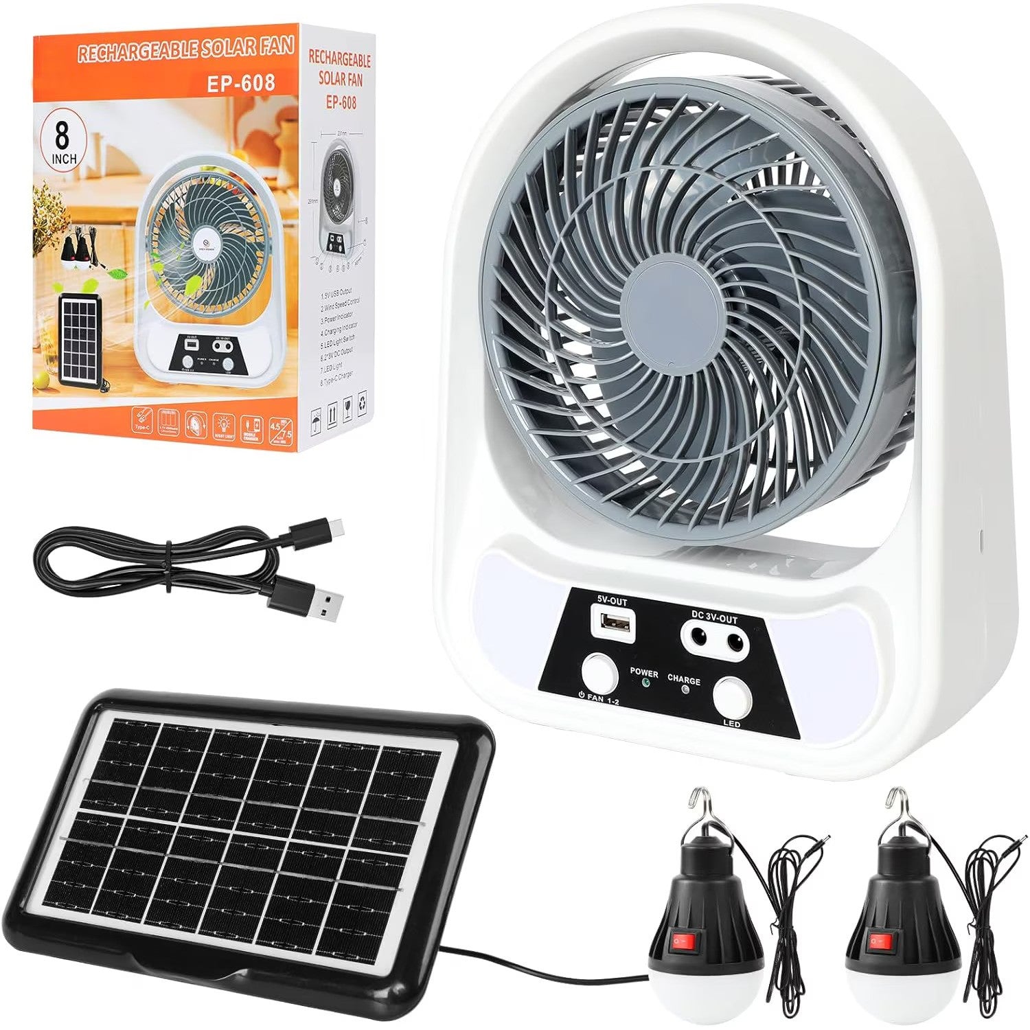 Ventilator cu incarcare solara, 15/20 cm, cu 2 becuri incluse, functie de powerbank, din ABS, cu USB, alb/gri