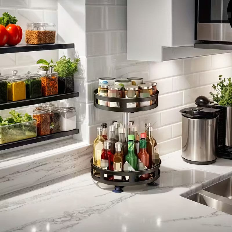 Suport rotativ cu 2 nivele, rotire 360°, pentru condimente, cu tava rotativa pentru borcane si sosuri