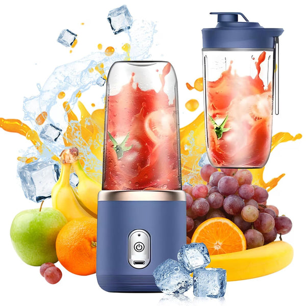 Mini Blender Portabil Electric, Cu Acumulator, 2 Recipiente, 6 Lame 3D, 300 ml, 40W, Capac Inclus, Albastru