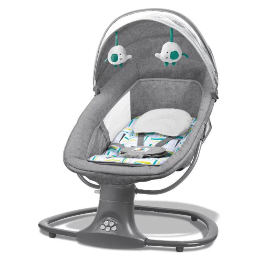 Balansoar copii 3 in 1, Electric, cu Plasa Tantari, Perna Detasabila, Jucarii, USB, Bluetooth, Telecomanda, 0-3 ani, Gri