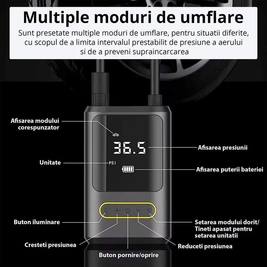 Pompa aer auto electrica, afisaj digital LCD, Lanterna LED, Portabila, Reincarcare USB C, baterie 4000 mAh, Manometru digital, 120 W, sundiguer, Negru