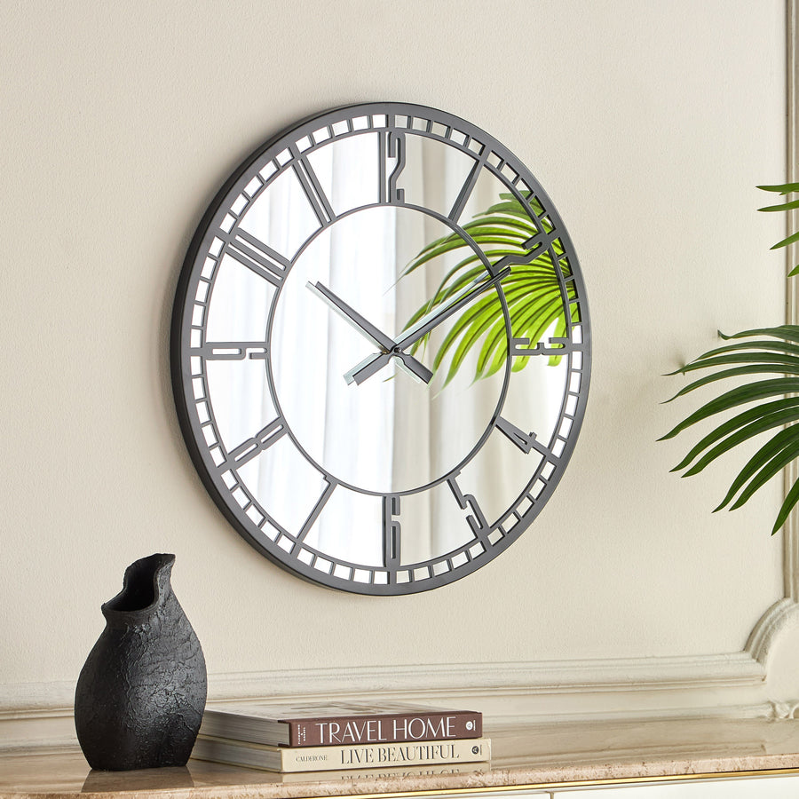 Ceas de Perete Decorativ Premium cu Oglindă, Design Modern Metalic, Diametru 60 cm – Negru - detaliu produs