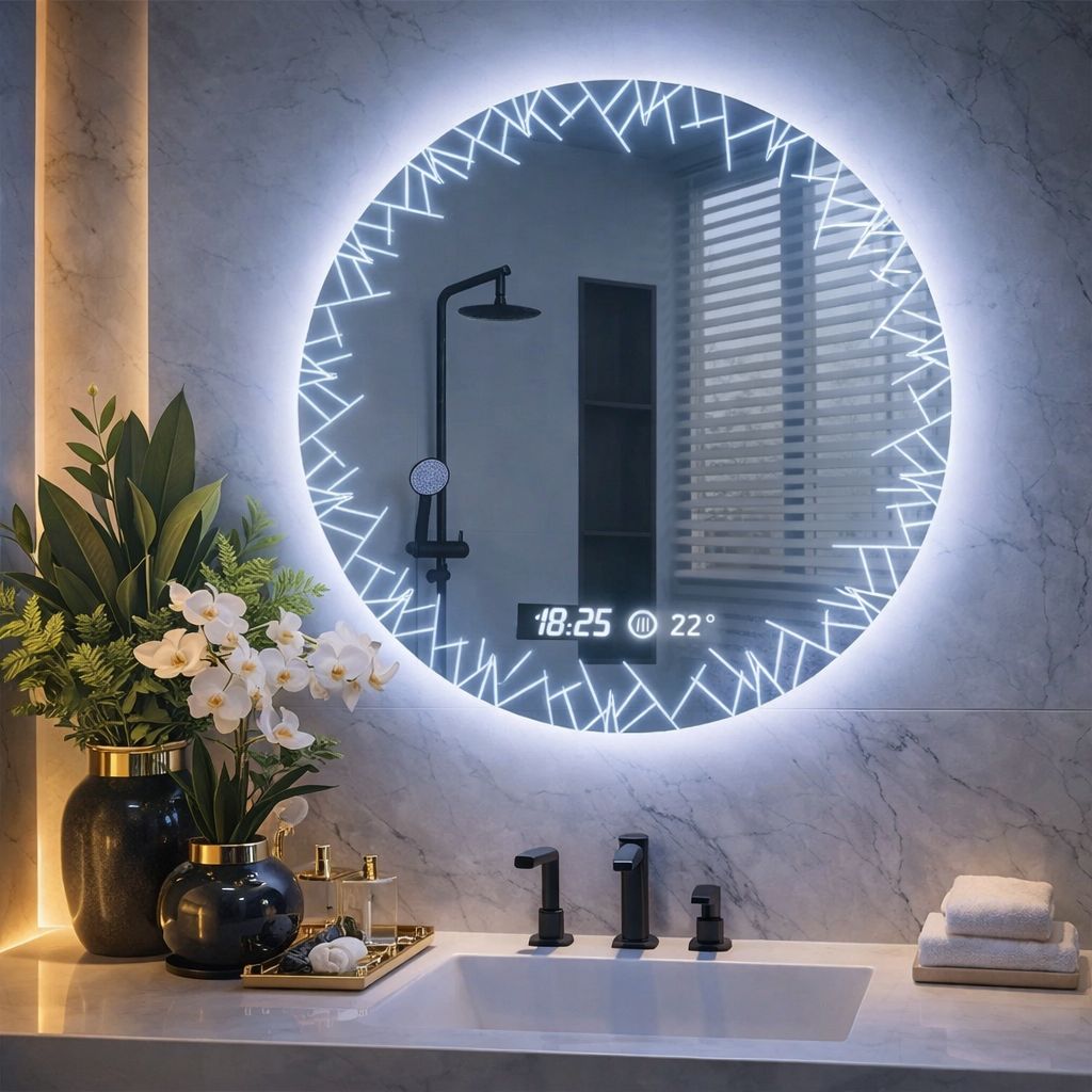 Oglinda LED baie cu dezaburire, ceas si termometru, 80cm