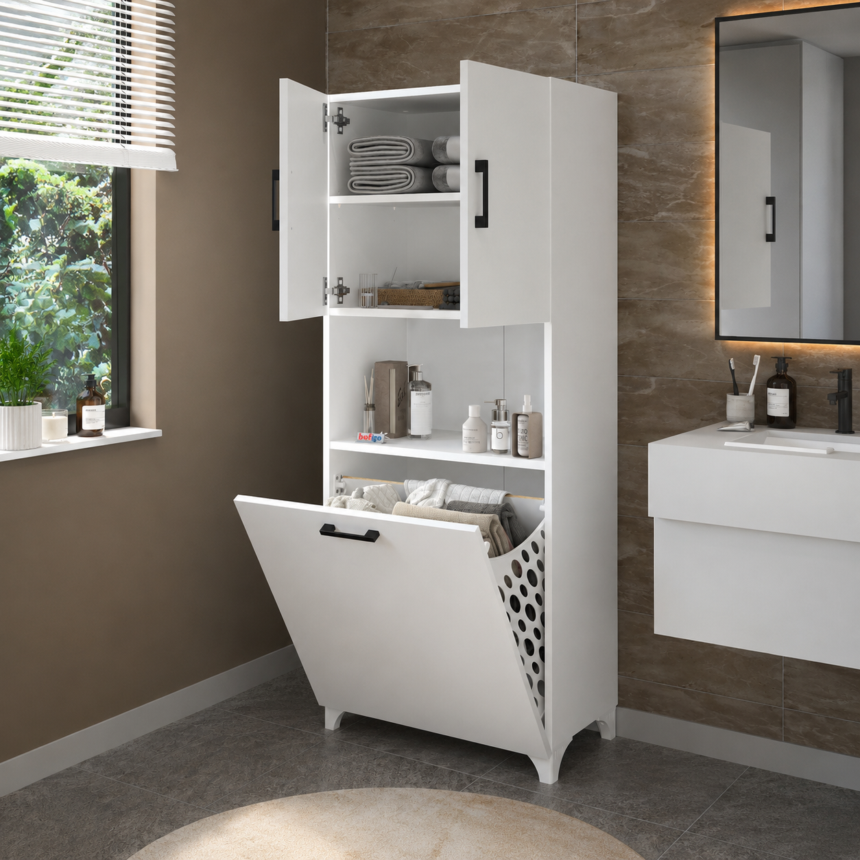 Dulap multifunctional pentru baie sau bucatarie, cu spatiu pentru cos de rufe, 60 x 33,8 x 153,6 cm