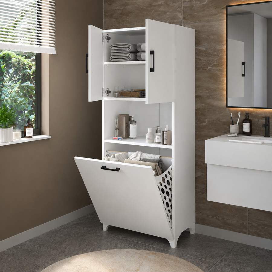 RESIGILAT - Dulap multifunctional pentru baie sau bucatarie, cu spatiu pentru cos de rufe, 60 x 33,8 x 153,6 cm