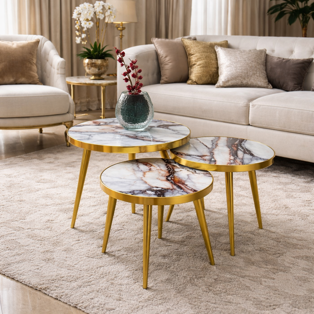 Set 3 masute de cafea tip nesting, cu blat tip marmura ,rotunde, alb si auriu – design premium