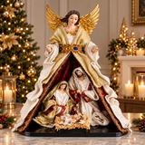 Statuetă Nașterea Domnului Premium din Rășină, 33 × 20 × 44,5 cm, Sfânta Familie cu Înger Protector, Design Elegant Crem-Auriu și Roșu - detaliu produs