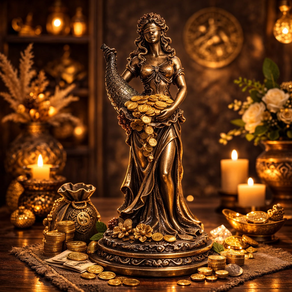 Statueta decorativa Zeita Prosperitatii cu Cornul Abundentei simbol al bogatiei si belsugului 35 x 11 x 11 cm
