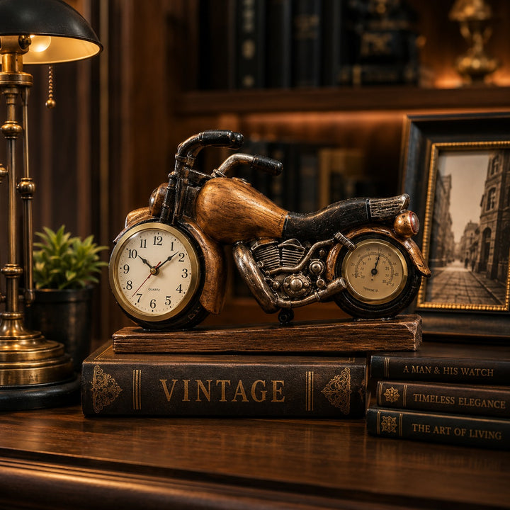 Ceas Decorativ Premium în Formă de Motocicletă Vintage cu Termometru – Design Retro, Finisaj Bronz Antichizat, 24 × 16 × 7 cm - imagine principala