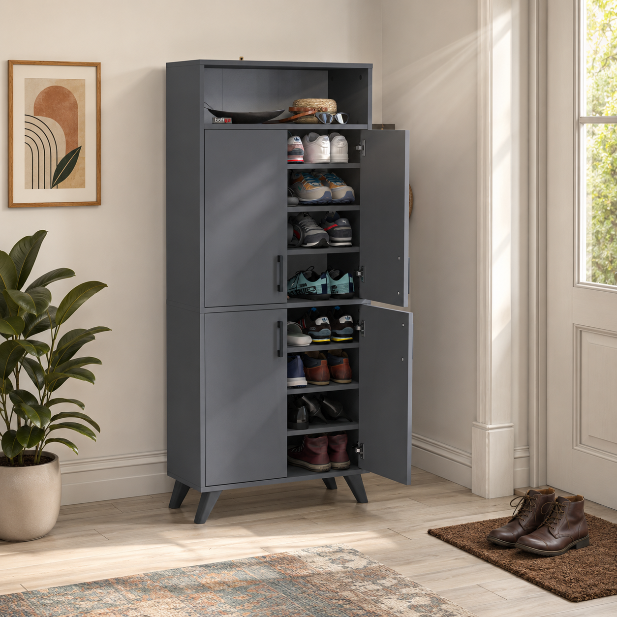 RESIGILAT - Pantofar modern 72x32x170 cm, cu 4 usi si 9 rafturi, pentru hol, intrare sau depozitare incaltaminte