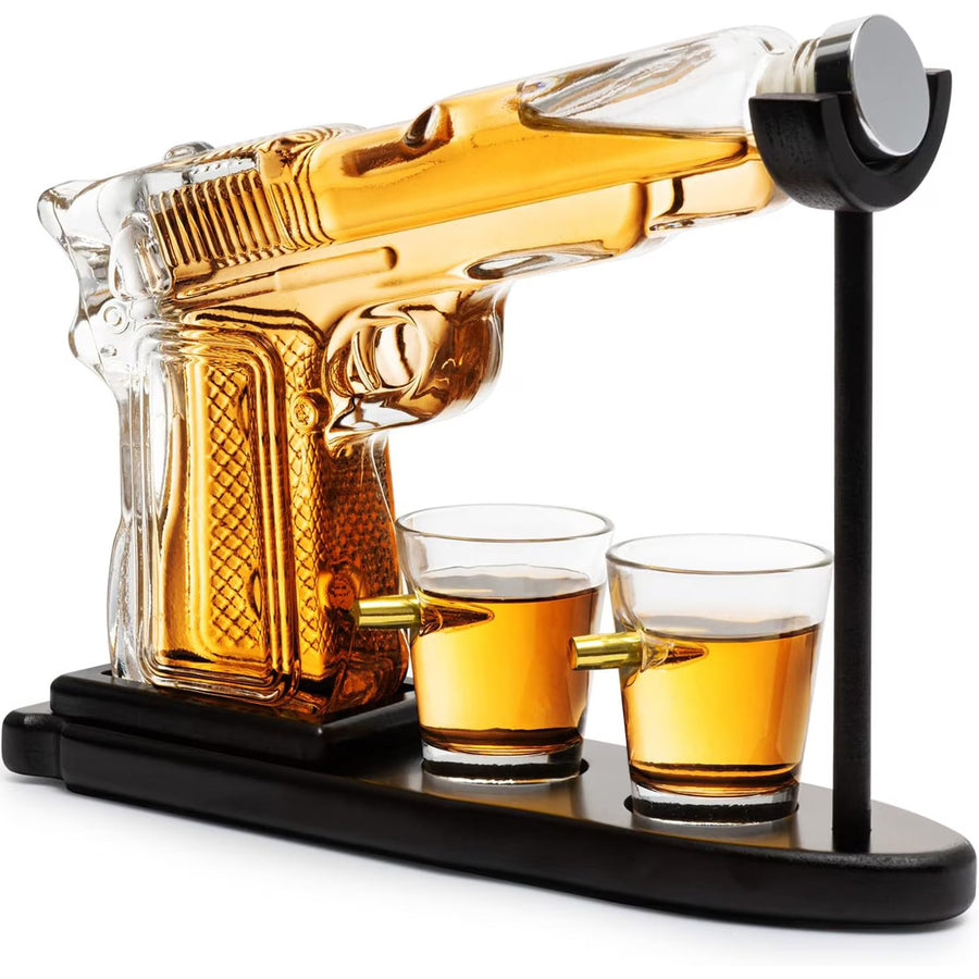 Set Decantor Bauturi  Forma Pistol si Gloante 220ml/50ml Sticla Lemn - detaliu produs